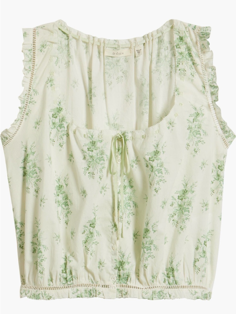 Doen Traveler Embroidered green floral Cream Tank blouse crop top shirt Ruffle